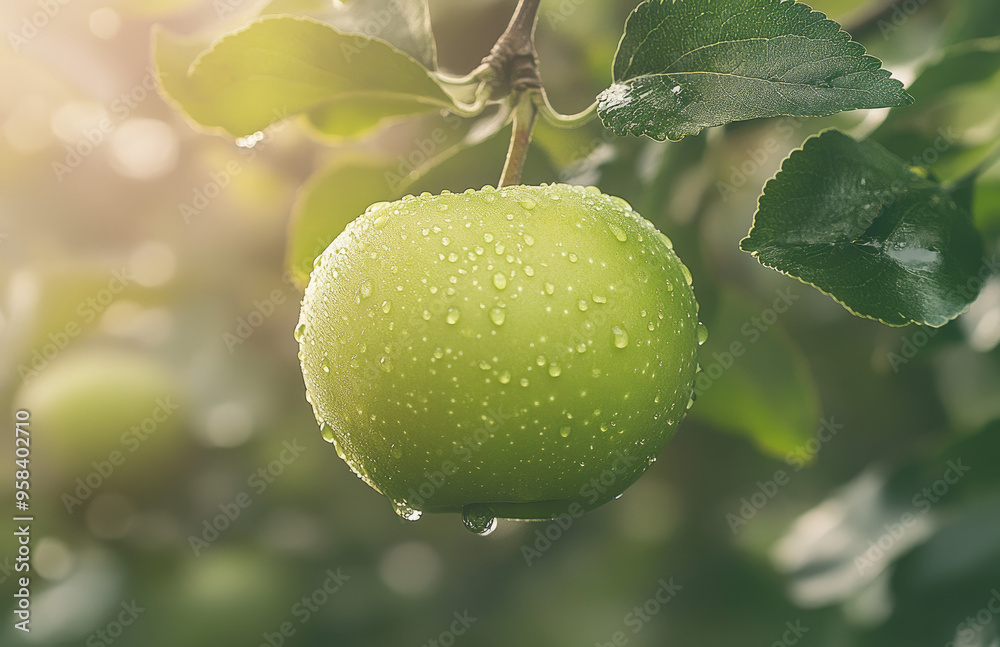 A green apple hanging from the branch of an orchard tree, with water droplets on its surface. Created with Ai A green apple hanging from the branch of an orchard tree, with water droplets on its surface. Created with Ai