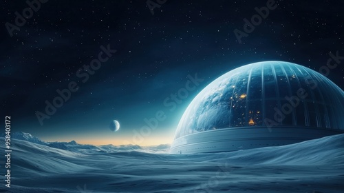 Futuristic city on the Moon with a central greenhouse tower, glass structure reflecting the Earth in the background, realistic photograph,