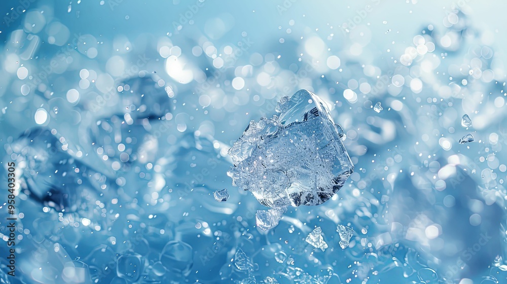 A Single Ice Cube Floating in Blue Water with Bokeh Background A Single Ice Cube Floating in Blue Water with Bokeh Background