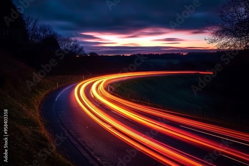 Long Exposure of Car Light Trails on a Winding Road at Night with a Vibrant Sunset Sky