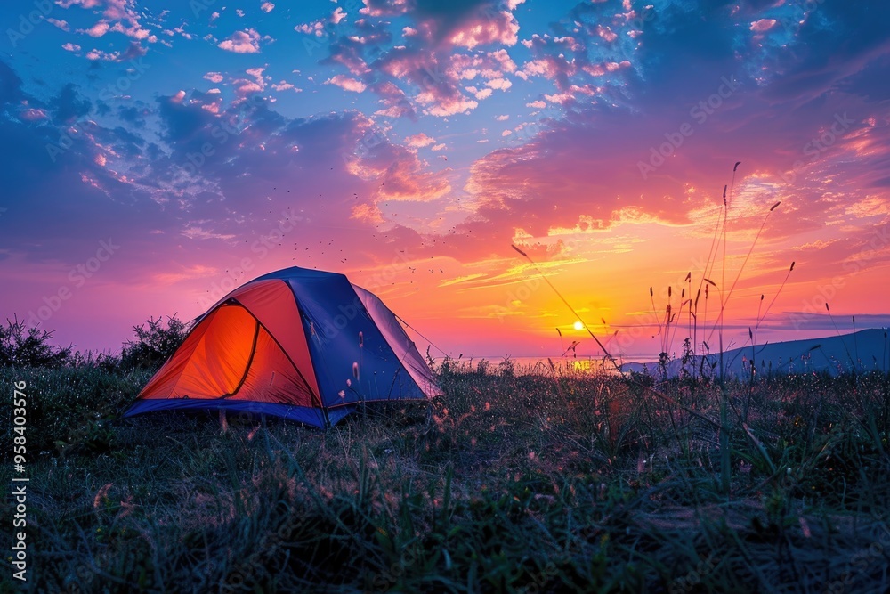 Sunset Camping by the Lake. Tranquil Evening with Vibrant Sky and Tent