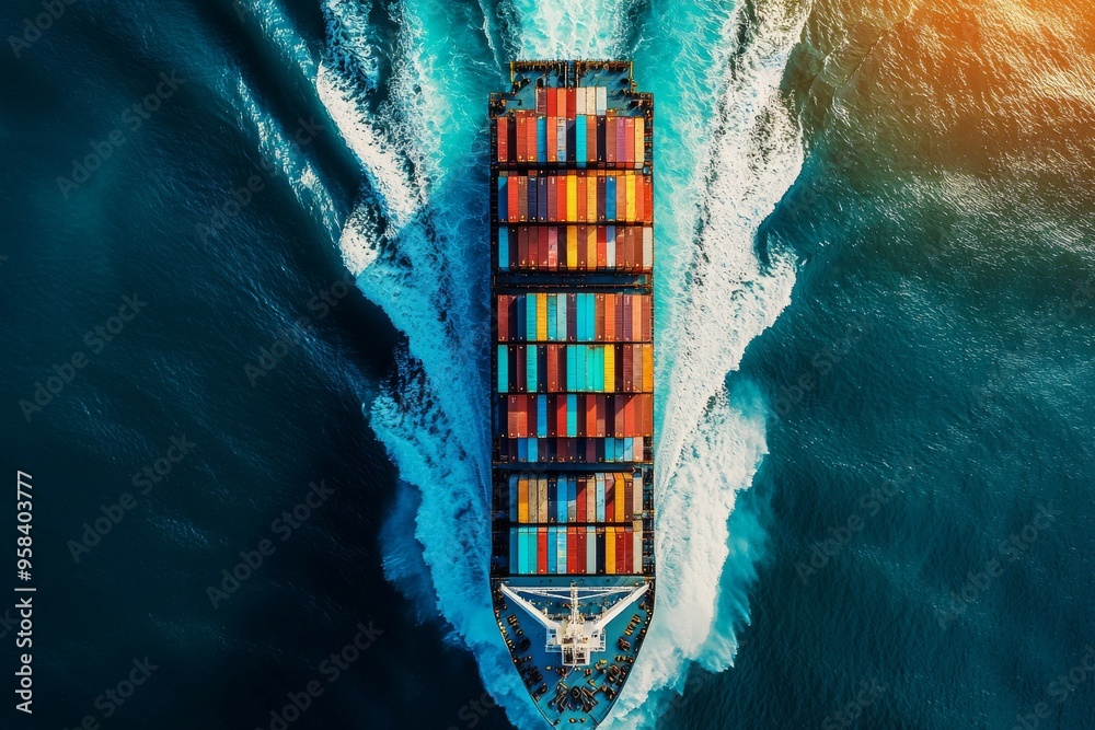 Aerial View of a Massive Container Ship Cutting Through the Ocean with Vibrant Colors and Dynamic Waves Aerial View of a Massive Container Ship Cutting Through the Ocean with Vibrant Colors and Dynamic Waves