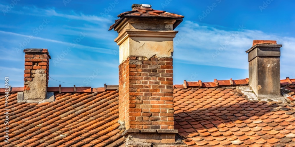 Naklejka premium Damaged chimney on old rooftop building exterior, damage, chimney, repair, rooftop, building, old