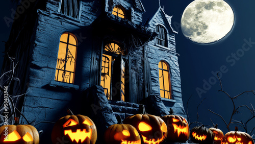 Haunted house with glowing jack-o'-lanterns on the front steps, under the light of a full moon.