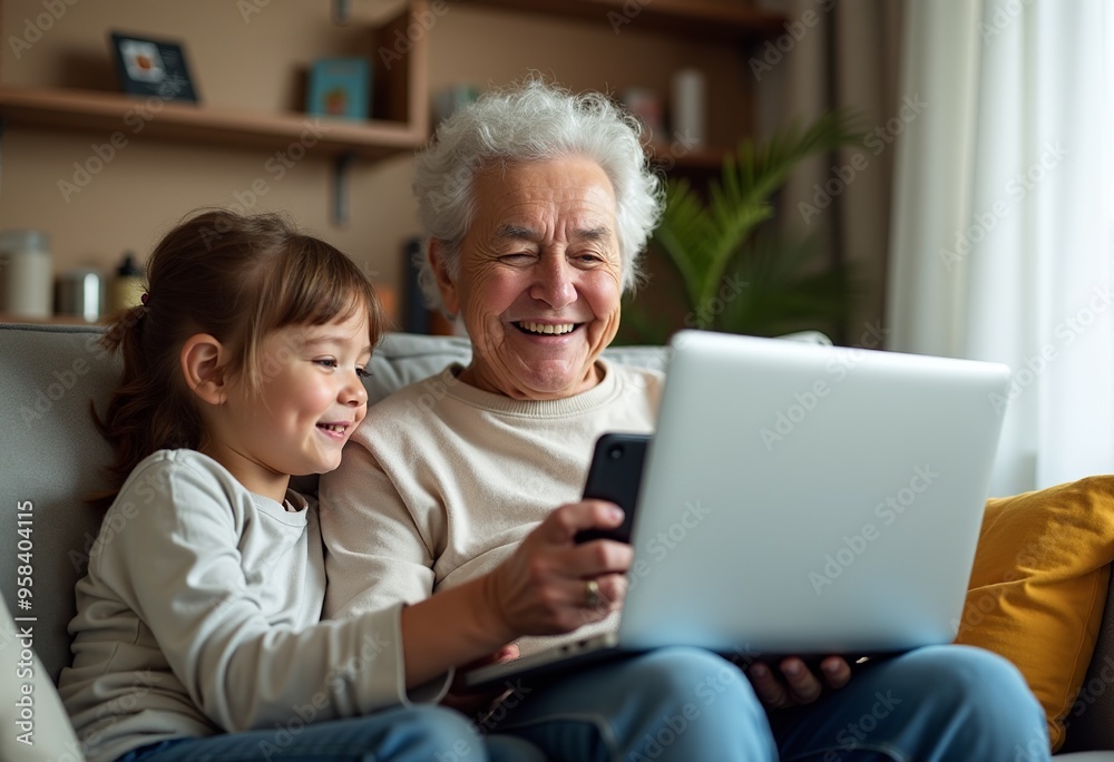 Multi-Generational Family Bonding: Candid Photo of Happy Grandparents and Grandkids Using Gadgets Together Multi-Generational Family Bonding: Candid Photo of Happy Grandparents and Grandkids Using Gadgets Together