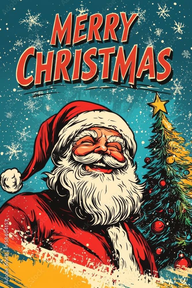 Obraz premium Vintage Merry Christmas Card with Smiling Santa Claus and Snowflakes in a Retro Style