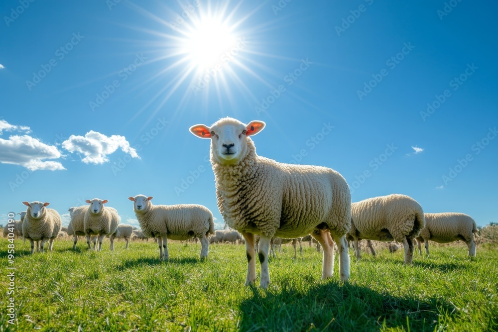 Sheeps in a meadow on green grass. Portrait of sheep. Flock of sheep grazing in a hill Sheeps in a meadow on green grass. Portrait of sheep. Flock of sheep grazing in a hill