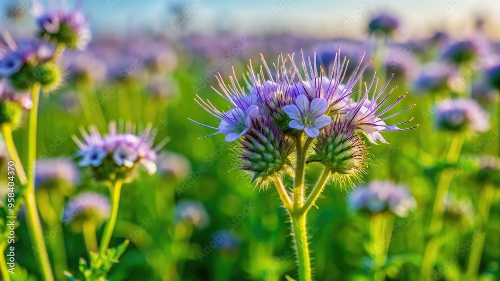 Close-up of vibrant green manure phacelia tanacetifolia flower blooming in a crop field, green manure Close-up of vibrant green manure phacelia tanacetifolia flower blooming in a crop field, green manure