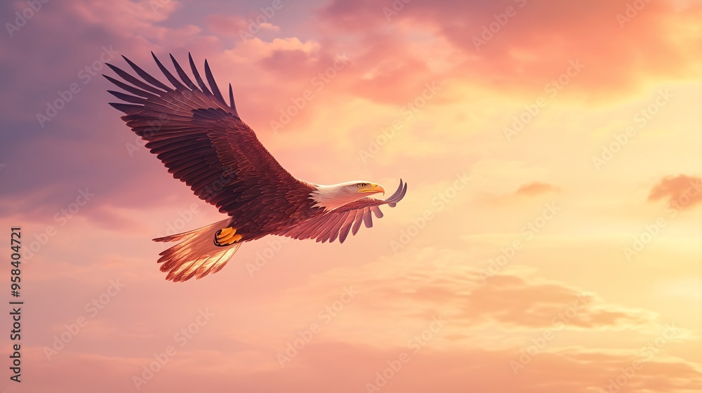 Naklejka premium Majestic bald eagle soaring against a colorful sunset sky.