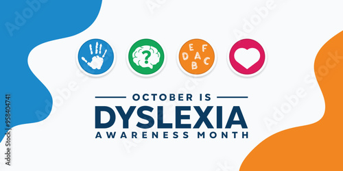 Dyslexia Awareness Month. Hand, question mark, brain and more. Great for cards, banners, posters, social media and more. White background. 