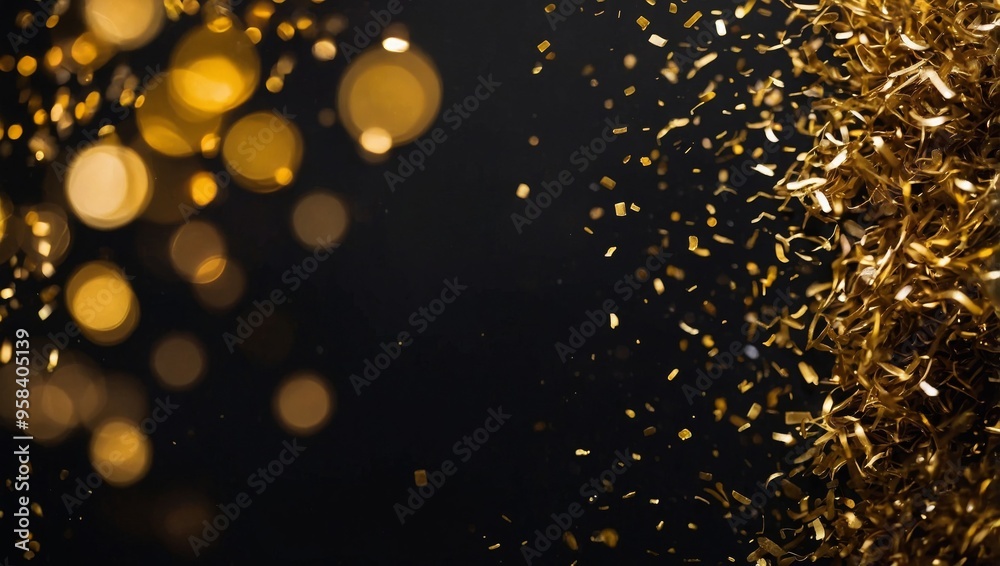 Obraz premium Gold glitter and confetti for Christmas celebration. Black background with glowing golden particles