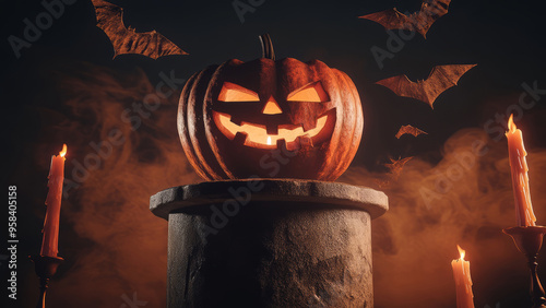 Jack-o'-lantern on an altar surrounded by candles and mystical fog, creating an eerie Halloween atmosphere.