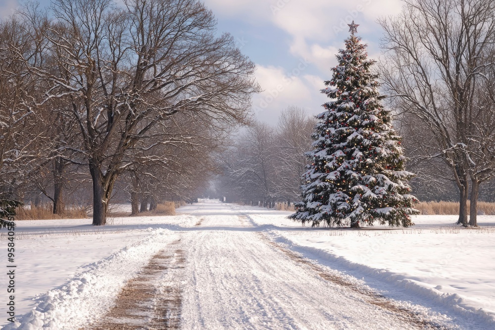 Snowy Path Leading to a Decorated Christmas Tree in a Winter Forest Snowy Path Leading to a Decorated Christmas Tree in a Winter Forest