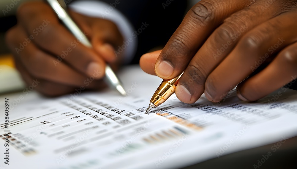 Closeup of Hands Filling Out a Form with Pens
