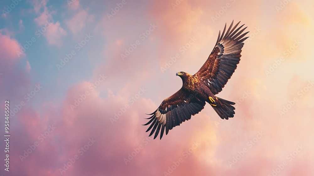 A majestic golden eagle soaring through a colorful sunset sky. A majestic golden eagle soaring through a colorful sunset sky.