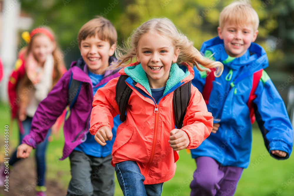 Happy children with backpacks running in the park Happy children with backpacks running in the park