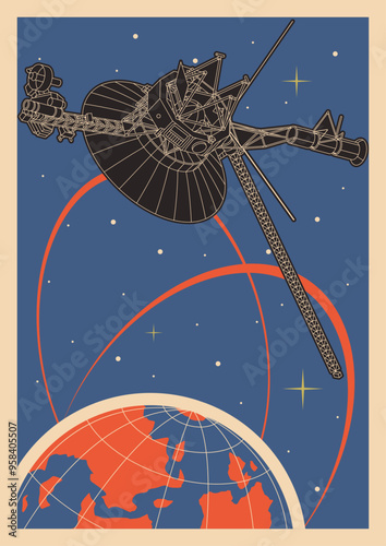 Retro Space Background, Vector Template for Cosmic Illustrations, Covers, Posters. Cosmic Probe, Earth, Orbits, Stars. 1950s - 1960s Space Placards Style and Colors
