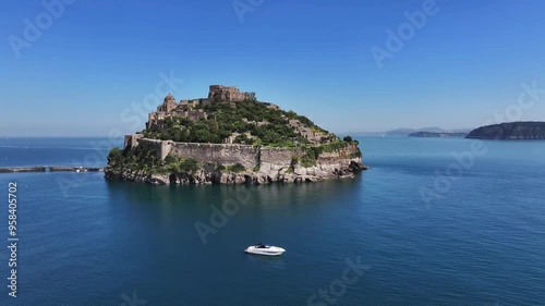 aragonese castle, yacht, ischia island, aerial view
