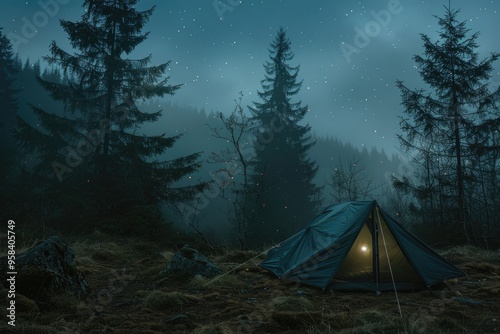 Mysterious Night Camping in Dense Forest Under Starry Sky