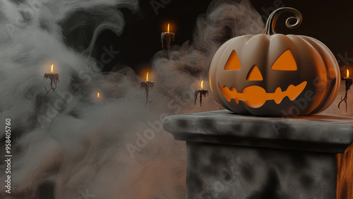 Jack-o'-lantern on an altar surrounded by candles and mystical fog, creating an eerie Halloween atmosphere.