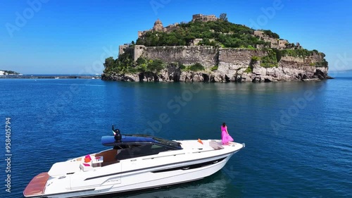 aragonese castle, yacht, ischia island, aerial view