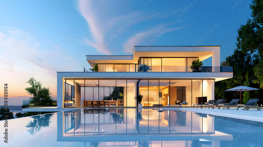Fototapeta premium A modern and sleek architectural house design and tree in the background