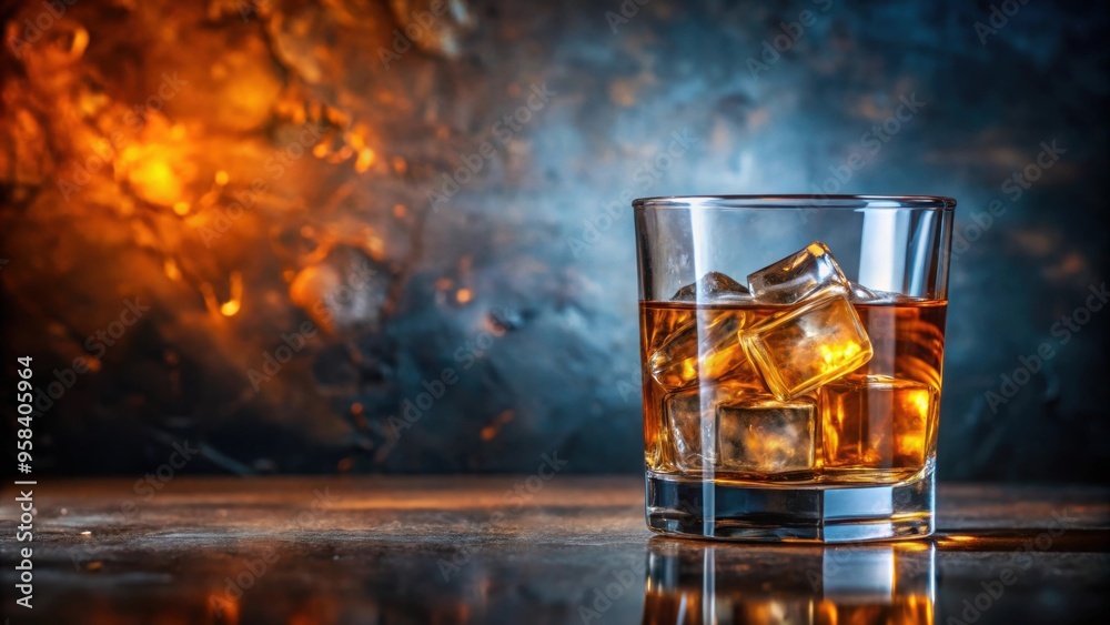 Glass with ice and amber liquid , drink, refreshment, beverage, whiskey, scotch, bourbon, alcohol, cocktail, ice cubes Glass with ice and amber liquid , drink, refreshment, beverage, whiskey, scotch, bourbon, alcohol, cocktail, ice cubes