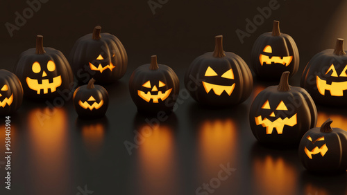 Group of glowing jack-o'-lanterns with various carved faces creating a spooky yet festive Halloween display.