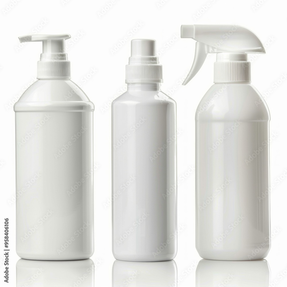 A clean white product display featuring three minimalist bottles. Each bottle has a unique shape and purpose. Ideal for personal care or household use. Simple design. AI A clean white product display featuring three minimalist bottles. Each bottle has a unique shape and purpose. Ideal for personal care or household use. Simple design. AI