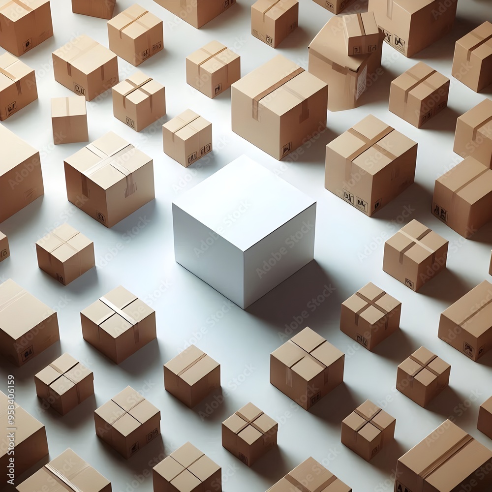 White Box In The Center Surrounded By Many Cardboard Boxes White Box In The Center Surrounded By Many Cardboard Boxes