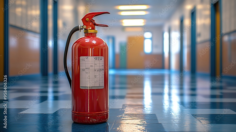 Close-up view of a red fire extinguisher in a brightly lit hallway, symbolizing safety and emergency preparedness in buildings. Close-up view of a red fire extinguisher in a brightly lit hallway, symbolizing safety and emergency preparedness in buildings.