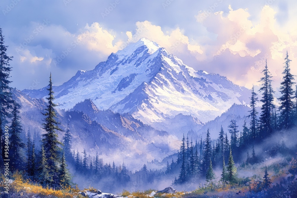 Obraz premium Majestic snow-capped mountain peak with a misty forest in the foreground, bathed in soft morning light.