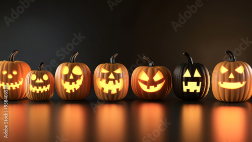 Group of glowing jack-o'-lanterns with various carved faces creating a spooky yet festive Halloween display.