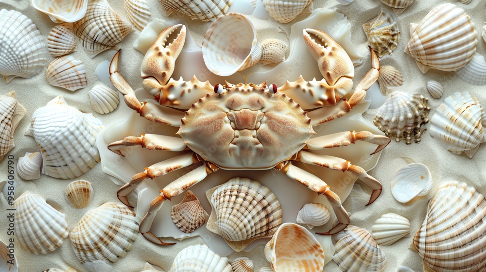 A crab on a sandy beach surrounded by seashells. A crab on a sandy beach surrounded by seashells.