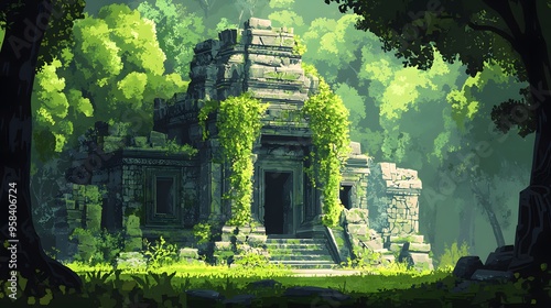 Jungle Temple Illustration - Ancient Ruins Overgrown with Lush Greenery