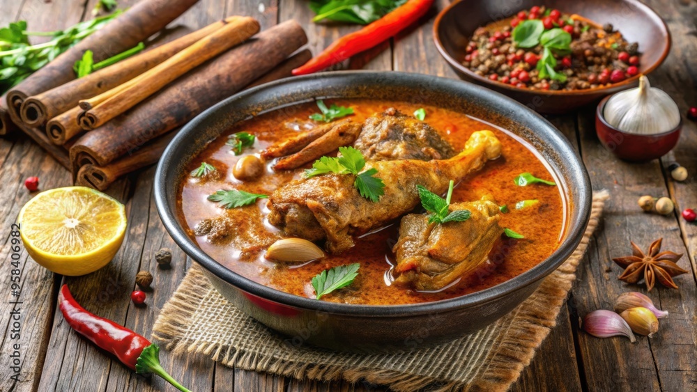Delicious chicken nihari stew with aromatic spices and tender meat , Pakistani cuisine, food photography