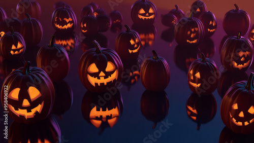 Group of glowing jack-o'-lanterns with various carved faces creating a spooky yet festive Halloween display.