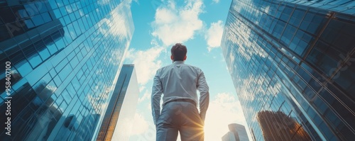 Man Looking Up at Skyscrapers