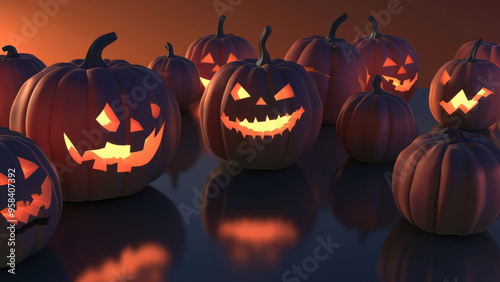 Group of glowing jack-o'-lanterns with various carved faces creating a spooky yet festive Halloween display.
