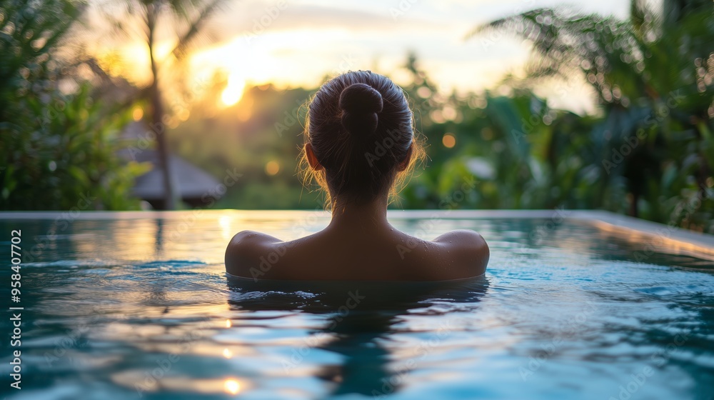 Fototapeta premium Relaxing in a tranquil pool at sunset surrounded by lush greenery in a serene tropical setting