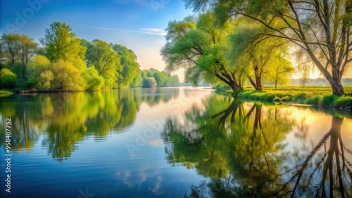 Serene riverside with trees and water in soft liquid hues , nature, tranquil, meditation, peaceful, calm, serene, riverbank