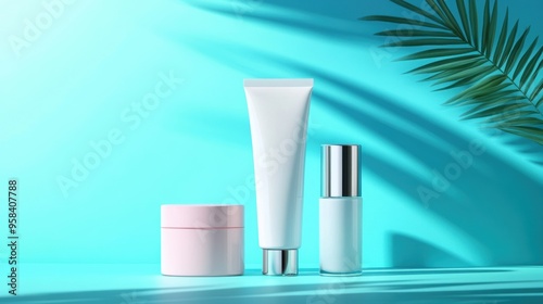 Wallpaper Mural Flat lay of cosmetic tubes, white and cream-colored, palm shadows, blue sunlight, flat design illustration Torontodigital.ca