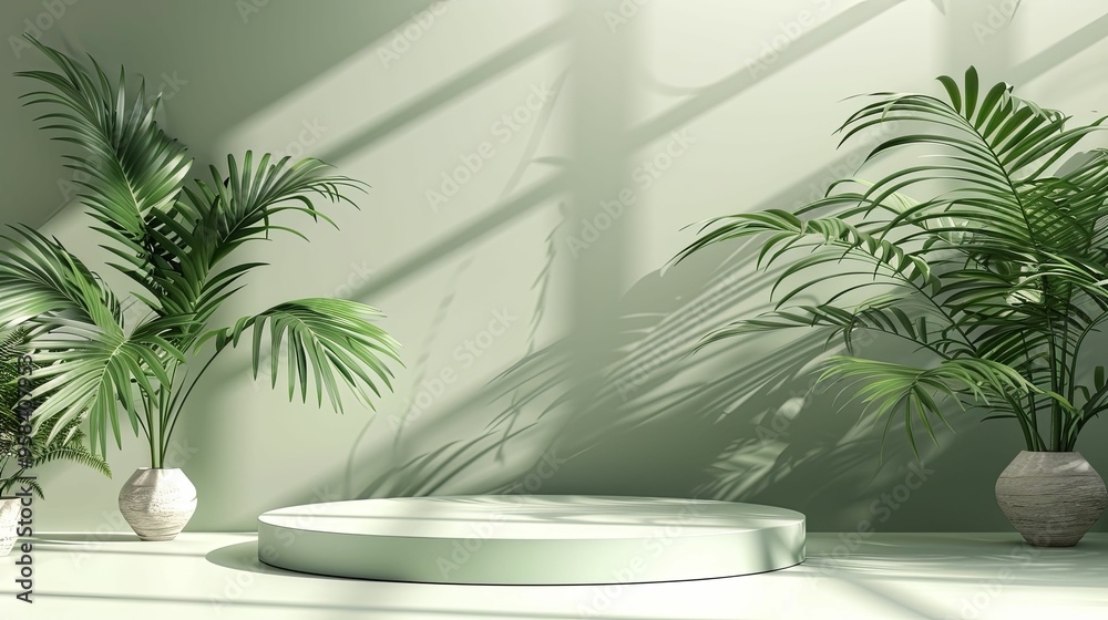 Minimalist Green Platform with Palm Plants and Sunlight Shadows Minimalist Green Platform with Palm Plants and Sunlight Shadows