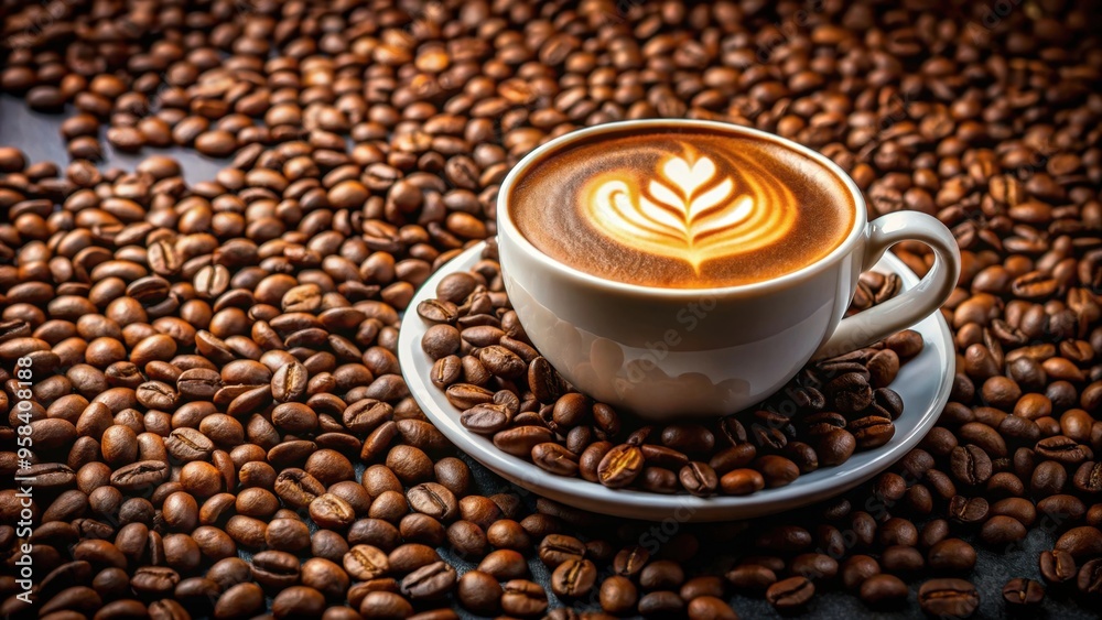 Latte art coffee in a cup with scattered coffee beans, latte art, coffee, cup, beans, drink, beverage, foam, artistic Latte art coffee in a cup with scattered coffee beans, latte art, coffee, cup, beans, drink, beverage, foam, artistic