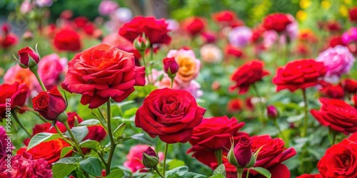 Fototapeta Naklejka Na Ścianę i Meble -  Vibrant red roses blooming among various flowers in a garden, flower, red, roses, garden, summer, bloom, flora, botanical