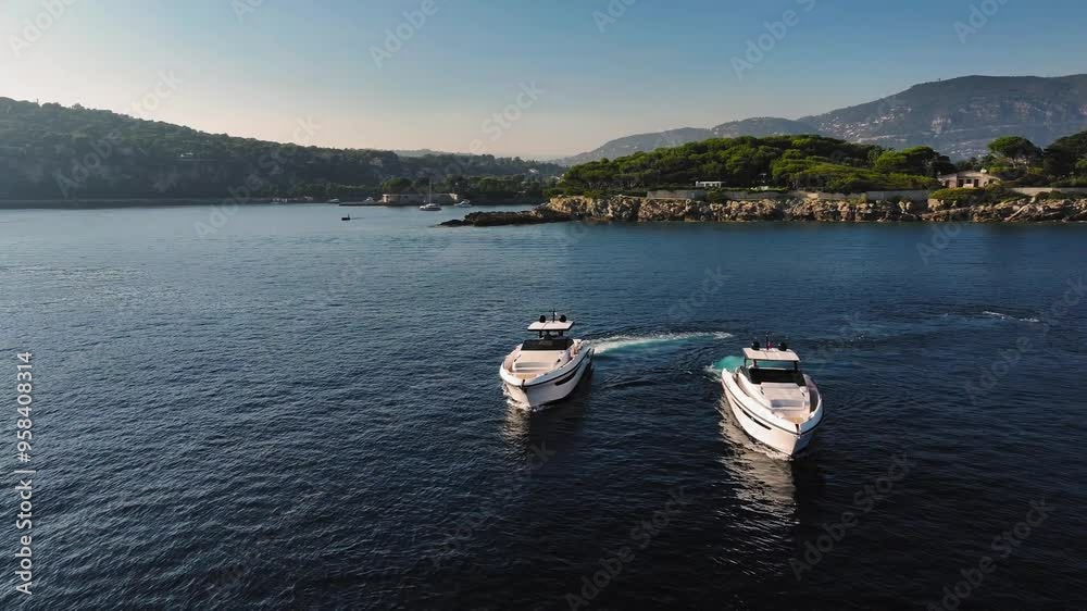 two motor yacht in navigation at full speed two motor yacht in navigation at full speed