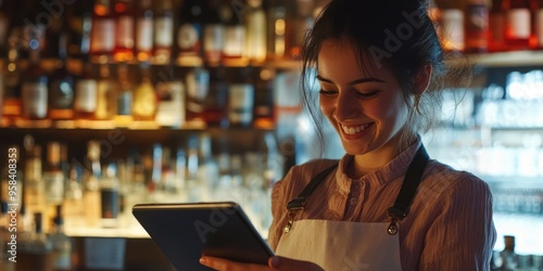 Smiling Bartender with Tablet photo