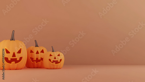 Brightly lit jack-o'-lanterns arranged against a warm orange background, capturing the essence of Halloween.