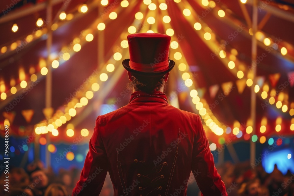 Fototapeta premium Back view of a circus ringmaster in a red coat under bright festive lights. Ideal for entertainment, event promotions, and vintage circus-themed content.