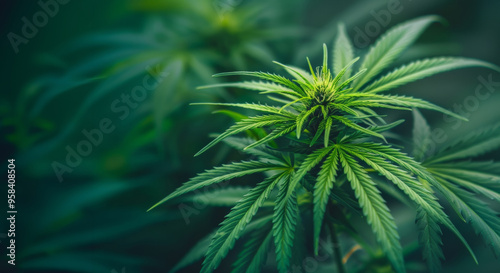 Close-up of lush cannabis plant with vibrant green leaves. Perfect for use in medical marijuana promotions, botanical studies, and alternative medicine contexts.